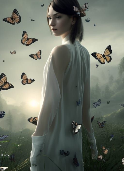 Woman Surrounded by Butterflies: Photorealistic Portrait