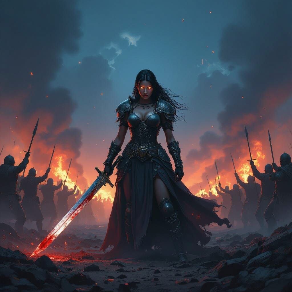 Female Warrior Victorious on Fiery Battlefield
