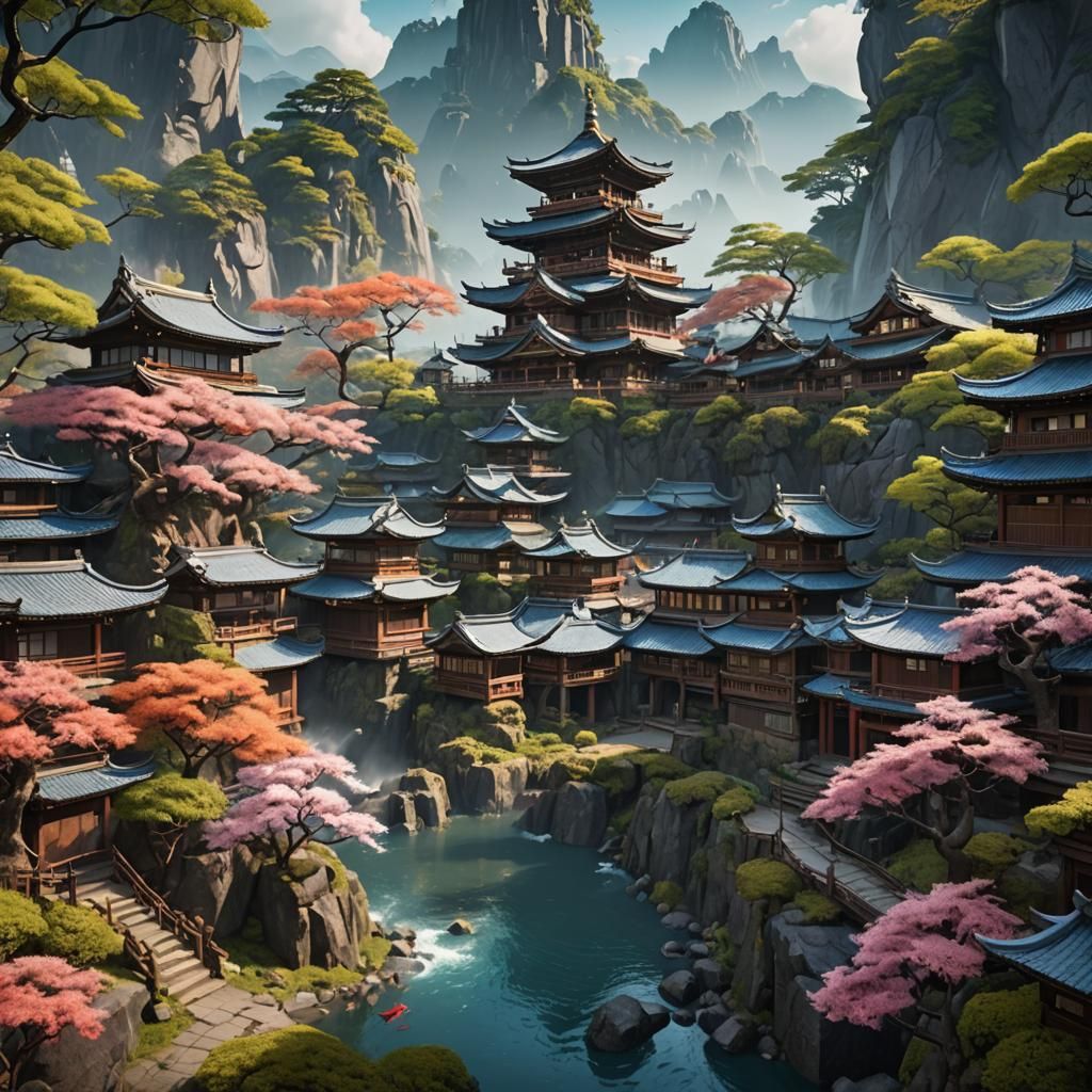 Beautiful Japanese Countryside in Detailed Matte Painting