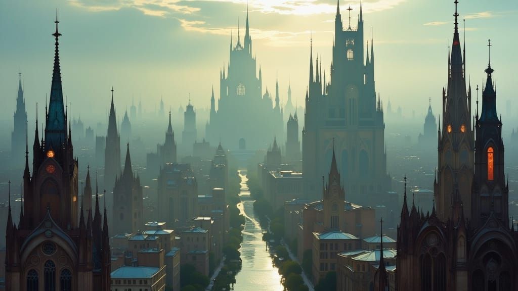 Ethereal Cityscape with Crumbling Spires in Art Nouveau Styl...