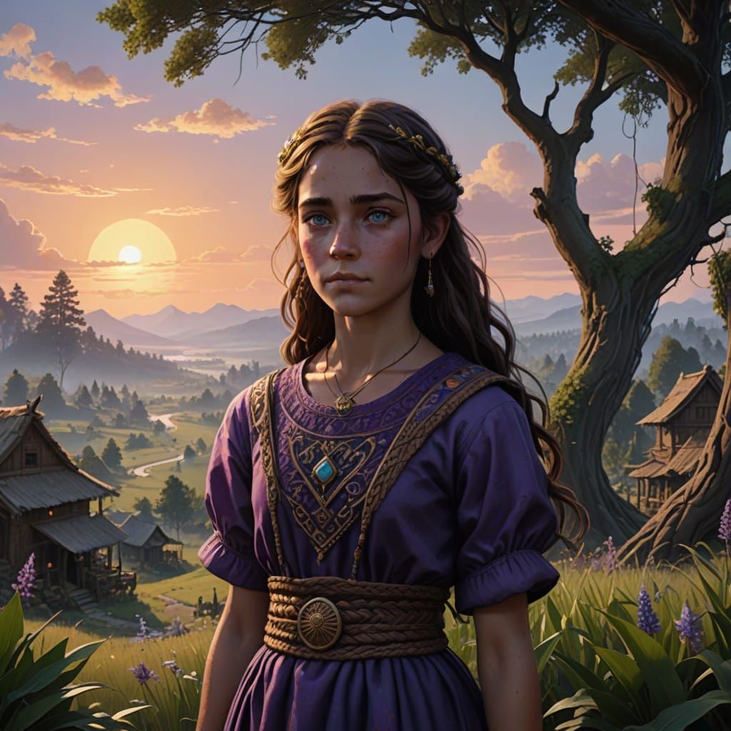 Fantasy Village Girl in Whimsical Landscape