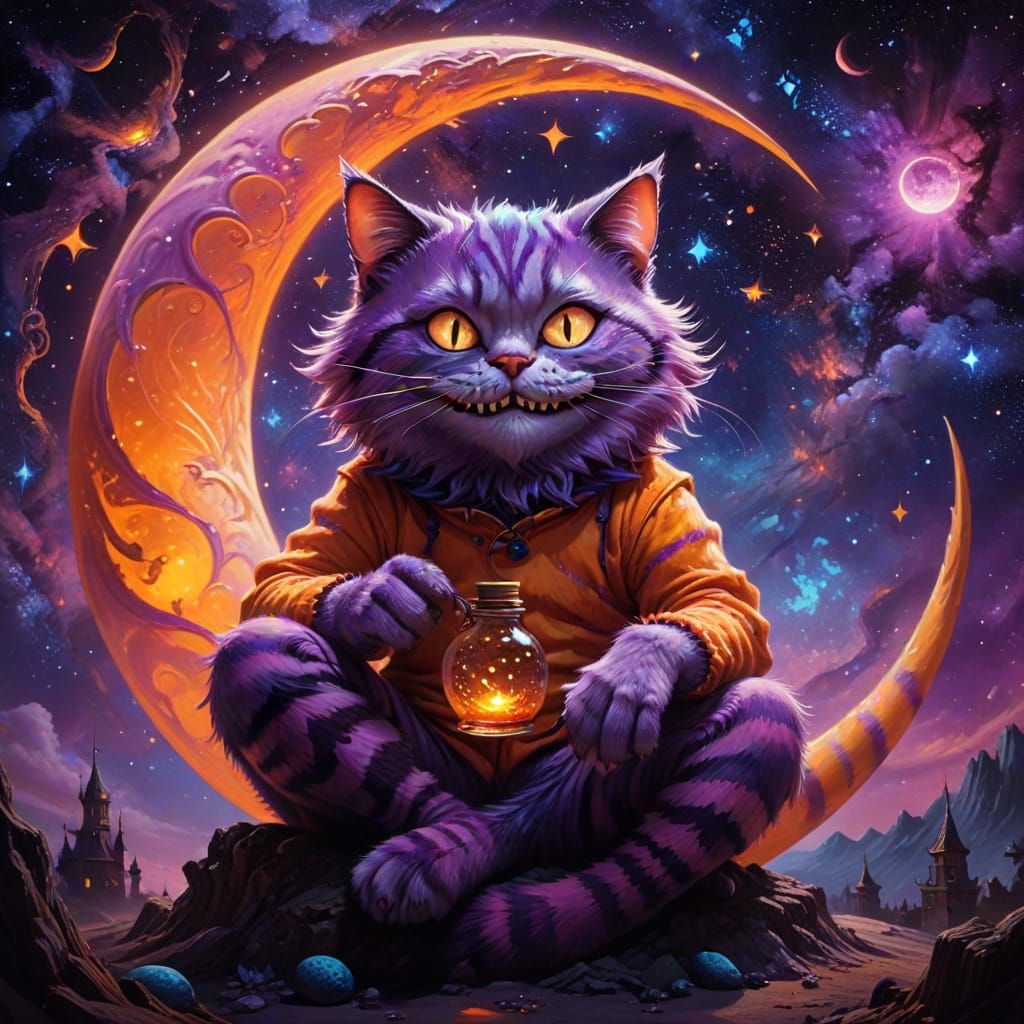 Cosmic Cheshire Cat in Whimsical Fantasy Setting