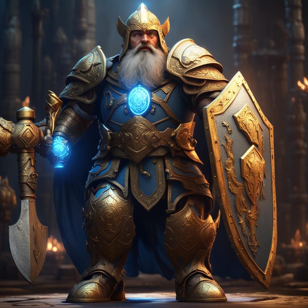 Dwarf Paladin with Hammer in Golden Armor