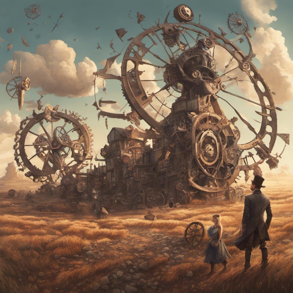 Steampunk Windmills in a Dystopian Surrealist Landscape
