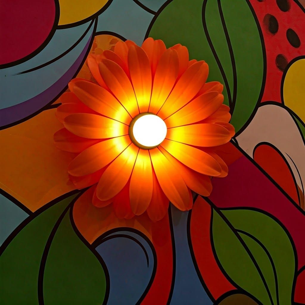 Kaleidoscopic Pop-Art Mural with Flower Lamp