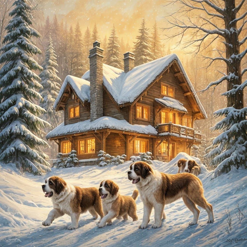 St. Bernards Play in Winter Wonderland, Impasto Painting