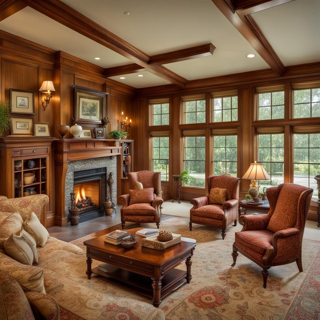 Colonial Style Family Room with Wood Accents