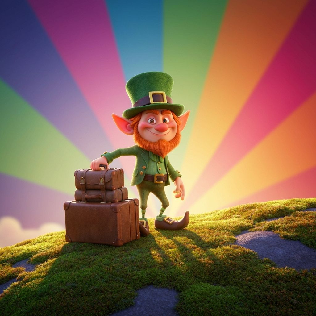 Leprechaun Packs Suitcase for New York Trip Via Rainbow