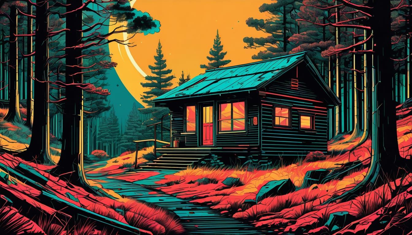 Retro Comic Book Style Abandoned Cabin