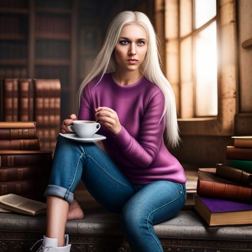 Venetian Blonde Woman with Teacup in Library