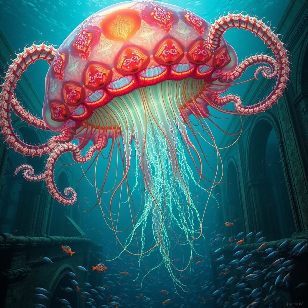 Bioluminescent Jellyfish in Sunken City, Cosmic Surrealism
