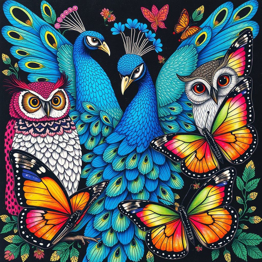 Iridescent Feathered Creatures in Surreal Pop Art Collage