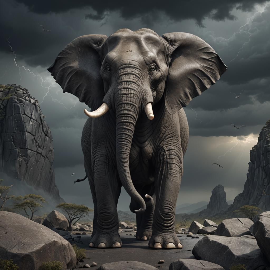 A stunning 3D render of a menacing, anthropomorphic elephant...