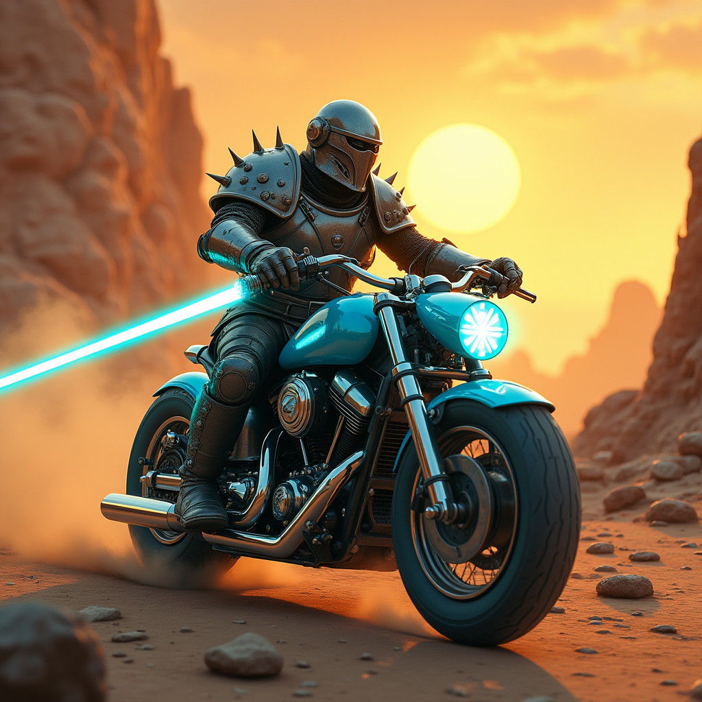 Orc Warrior Rides Motorcycle with Lightsaber