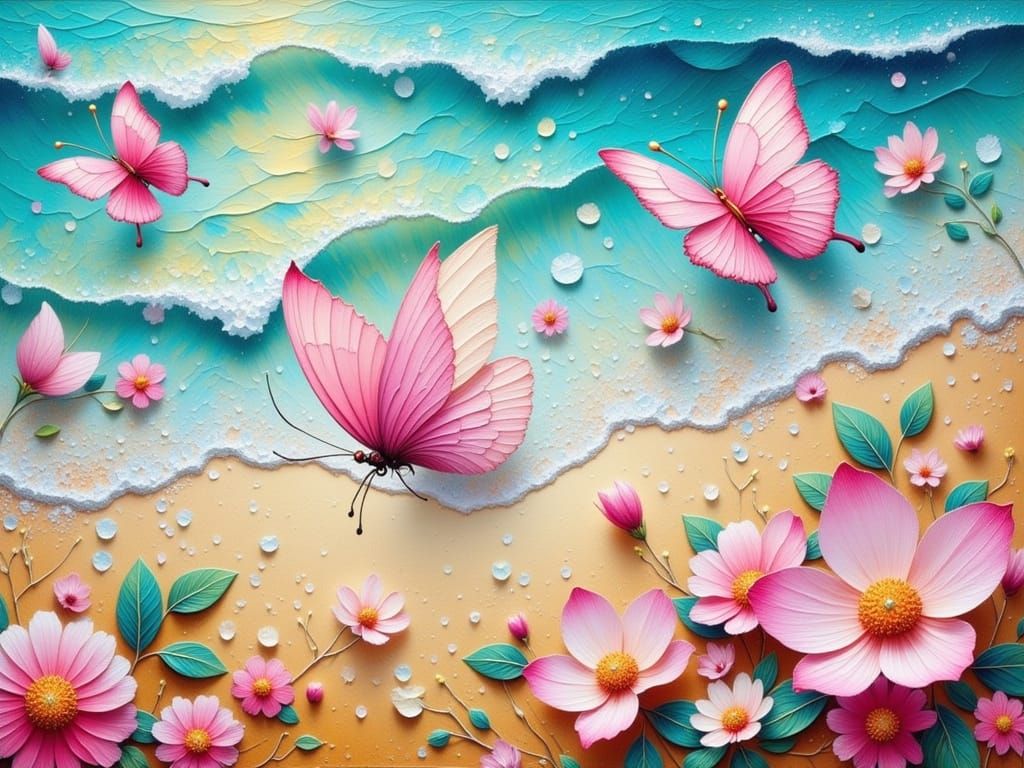 Whimsical Coastal Oil Painting in Impasto Style