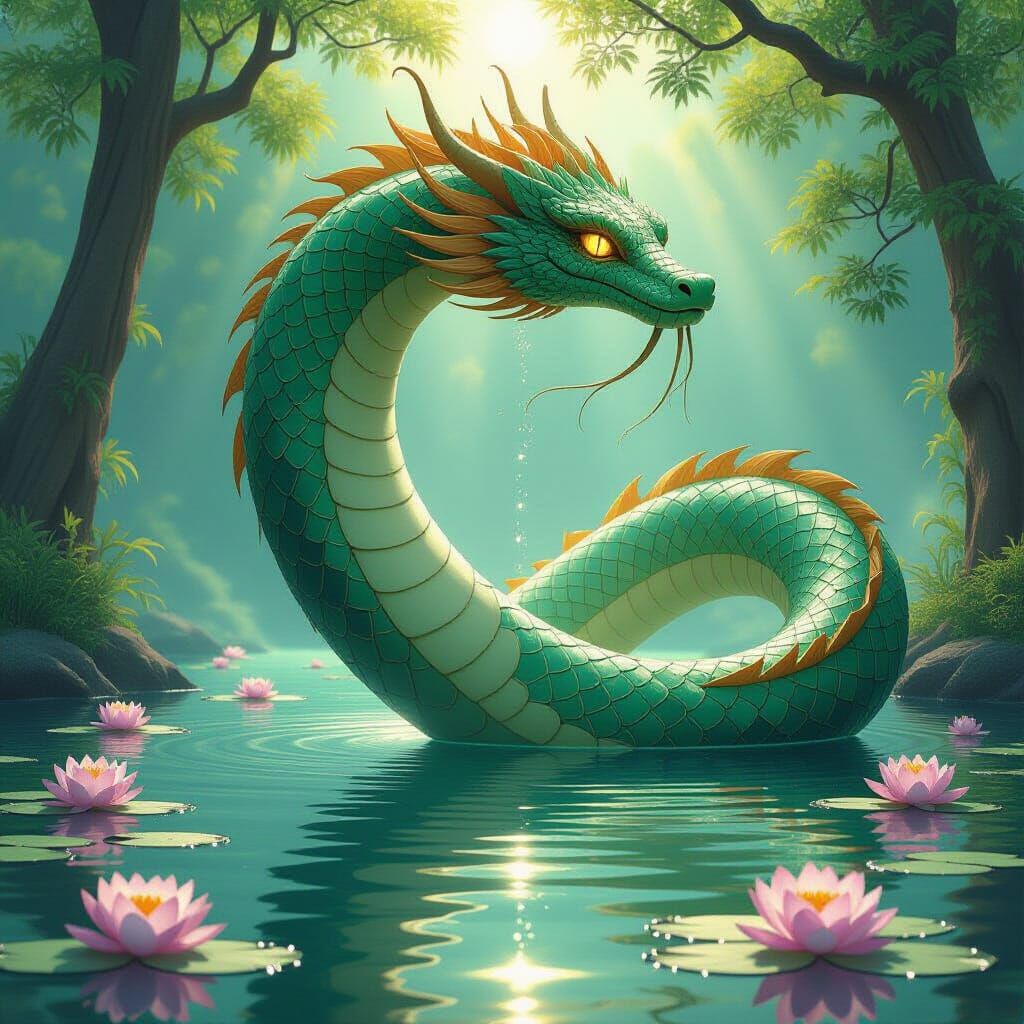 Jade Serpent Emerges from Lake in Art Nouveau Style