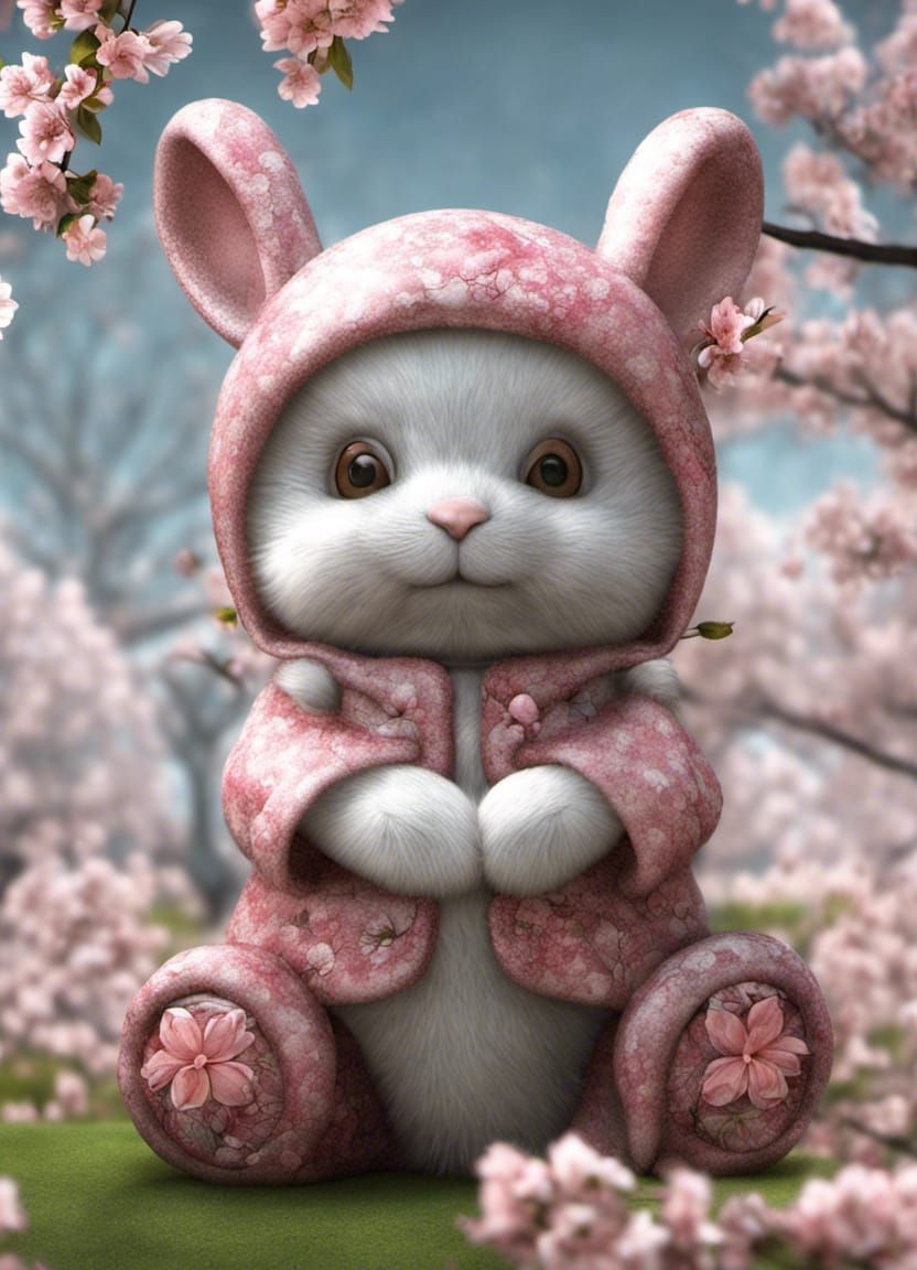 Cute 3D Bunny Bear with Cherry Blossoms