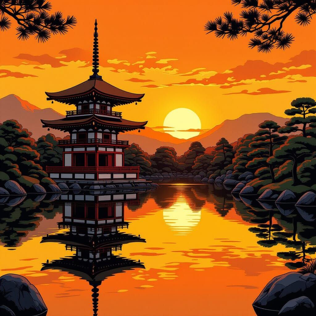 Japanese Pagoda Sunset in Surreal Dreamscape Style