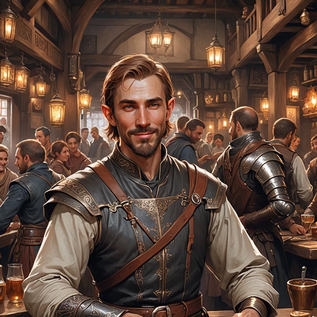 Handsome Half-Elf Monk in Tavern, Digital Art