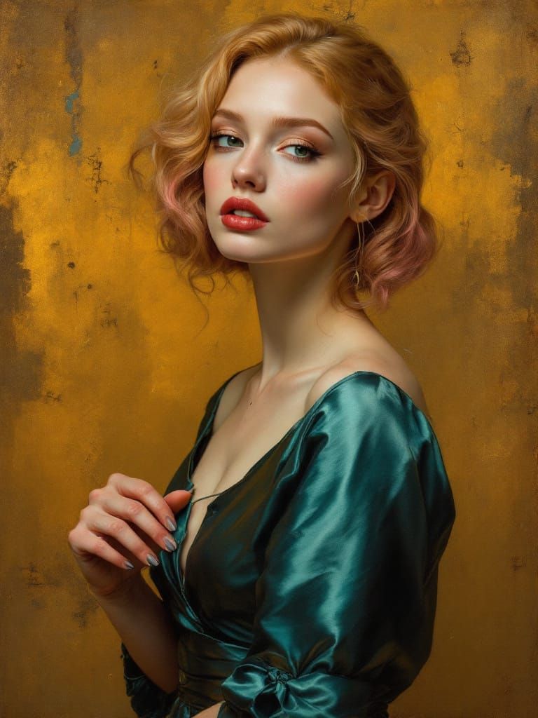 Renaissance Pin-Up Woman in Luminous Amber Tones