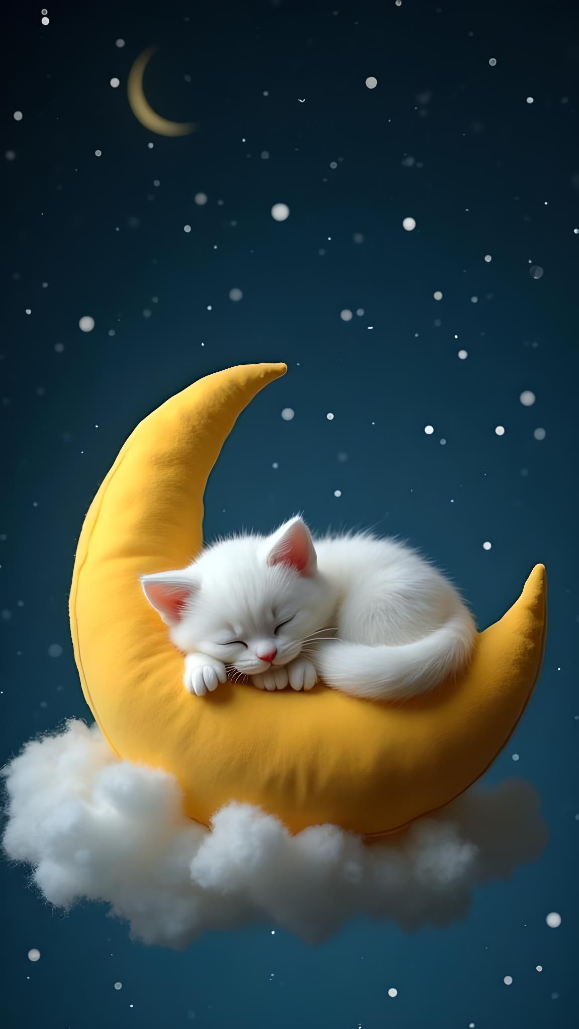 White Kitten Napping on Plush Crescent Moon