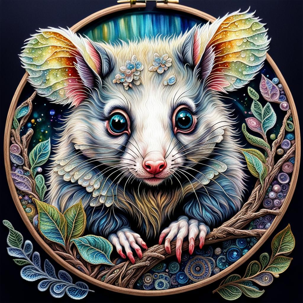 "Josephine Wall style Embroidery intricate close up of a cute baby possum made of glass!!!, render engine cool colors de...