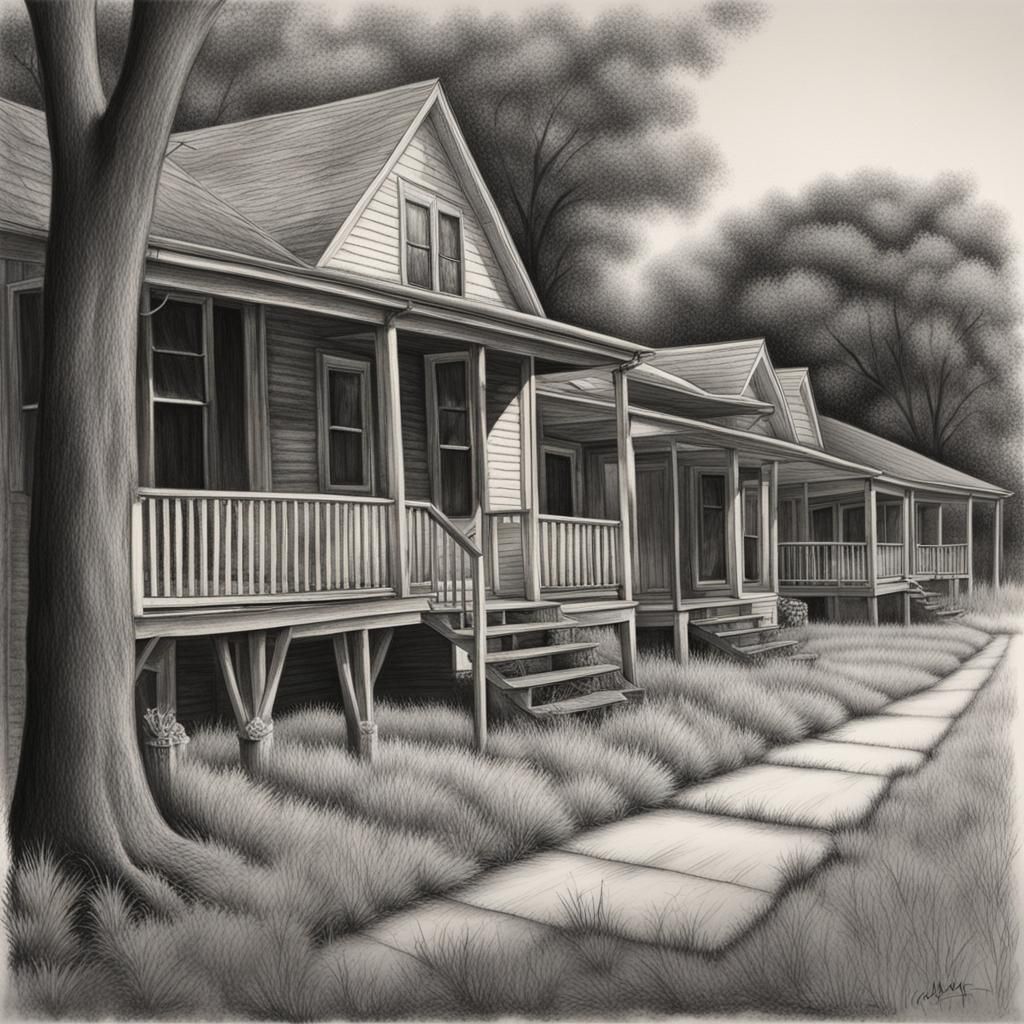 Detailed Charcoal Drawing of Houses in Midway, Texas