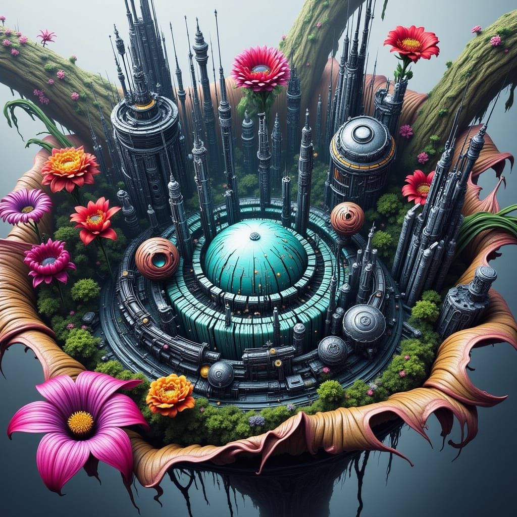 Cyberpunk Cityscape with Vibrant Floral Bloom