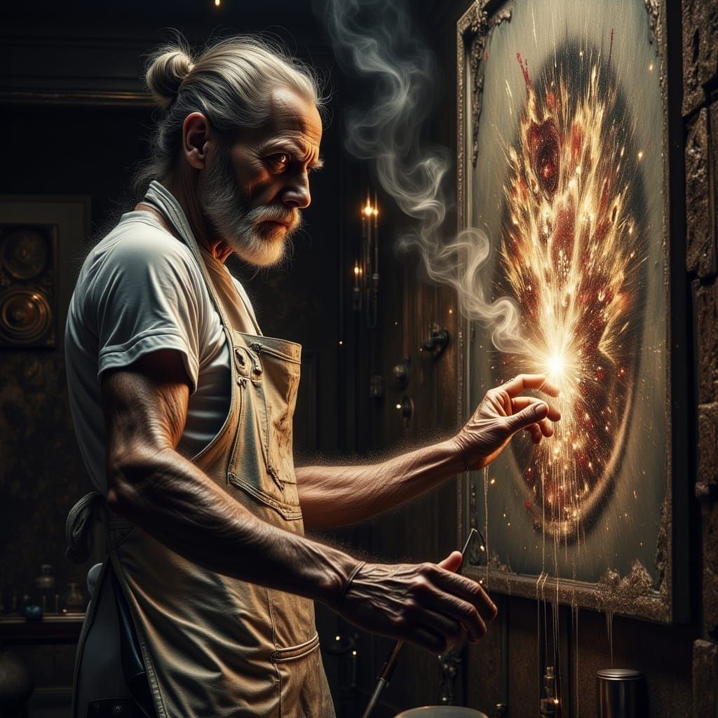 Artist Merging with Hyperrealistic Horror Masterpiece