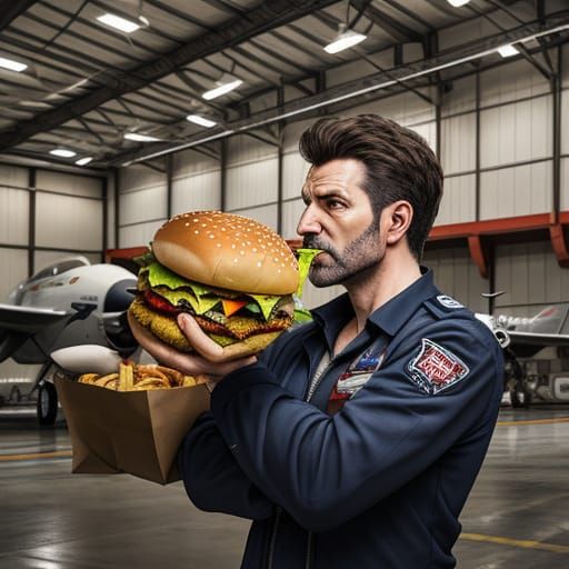 A grumpy pilot in a hangar chowing down on a bunch of fast f...
