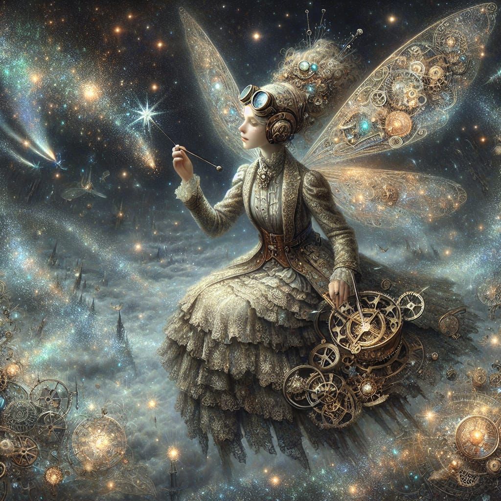 Steampunk Fairy Soars Through Cosmic Skies in Victorian Lace...