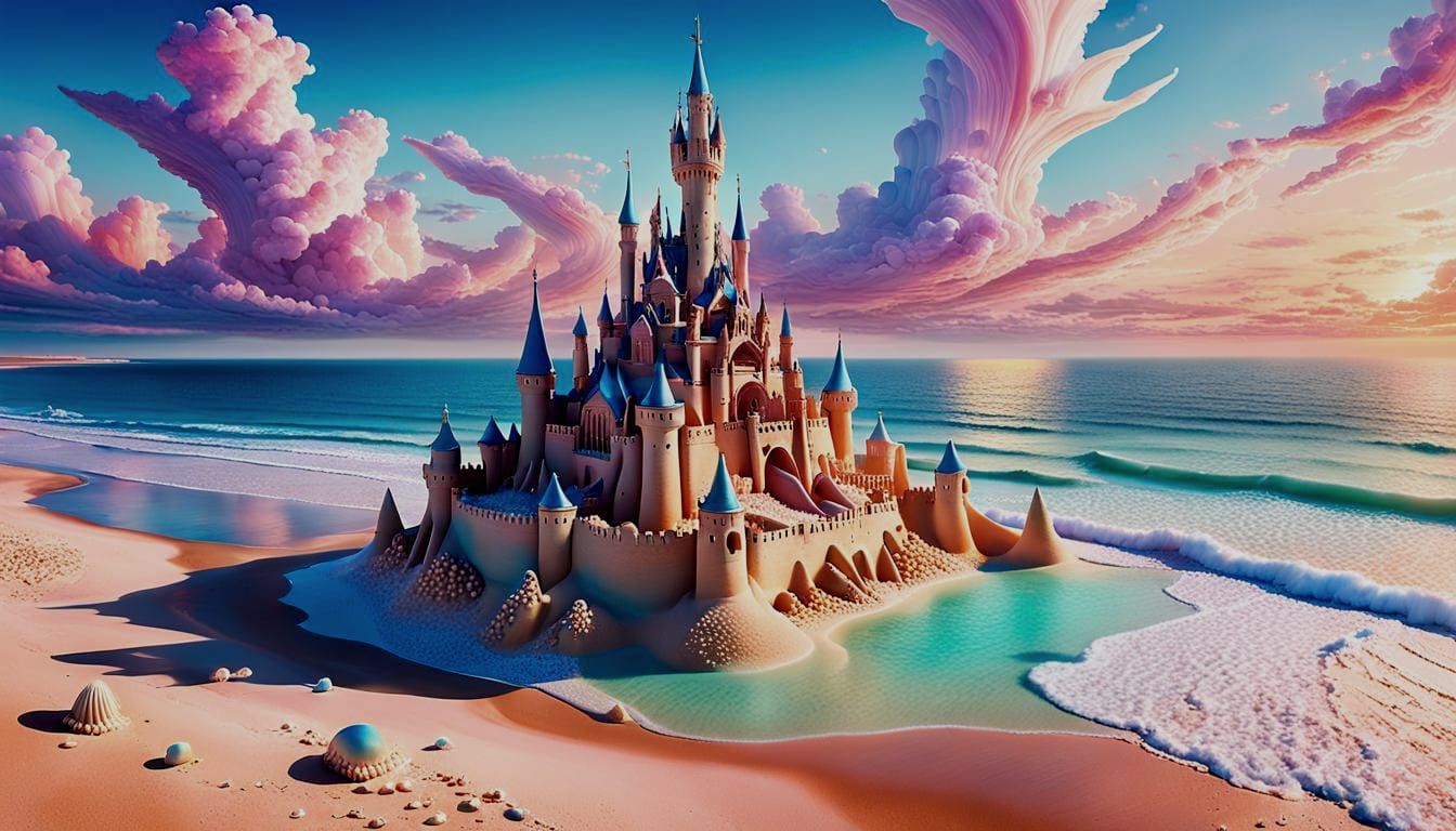 Fantasy Sandcastle at Sunset: Surreal Digital Painting