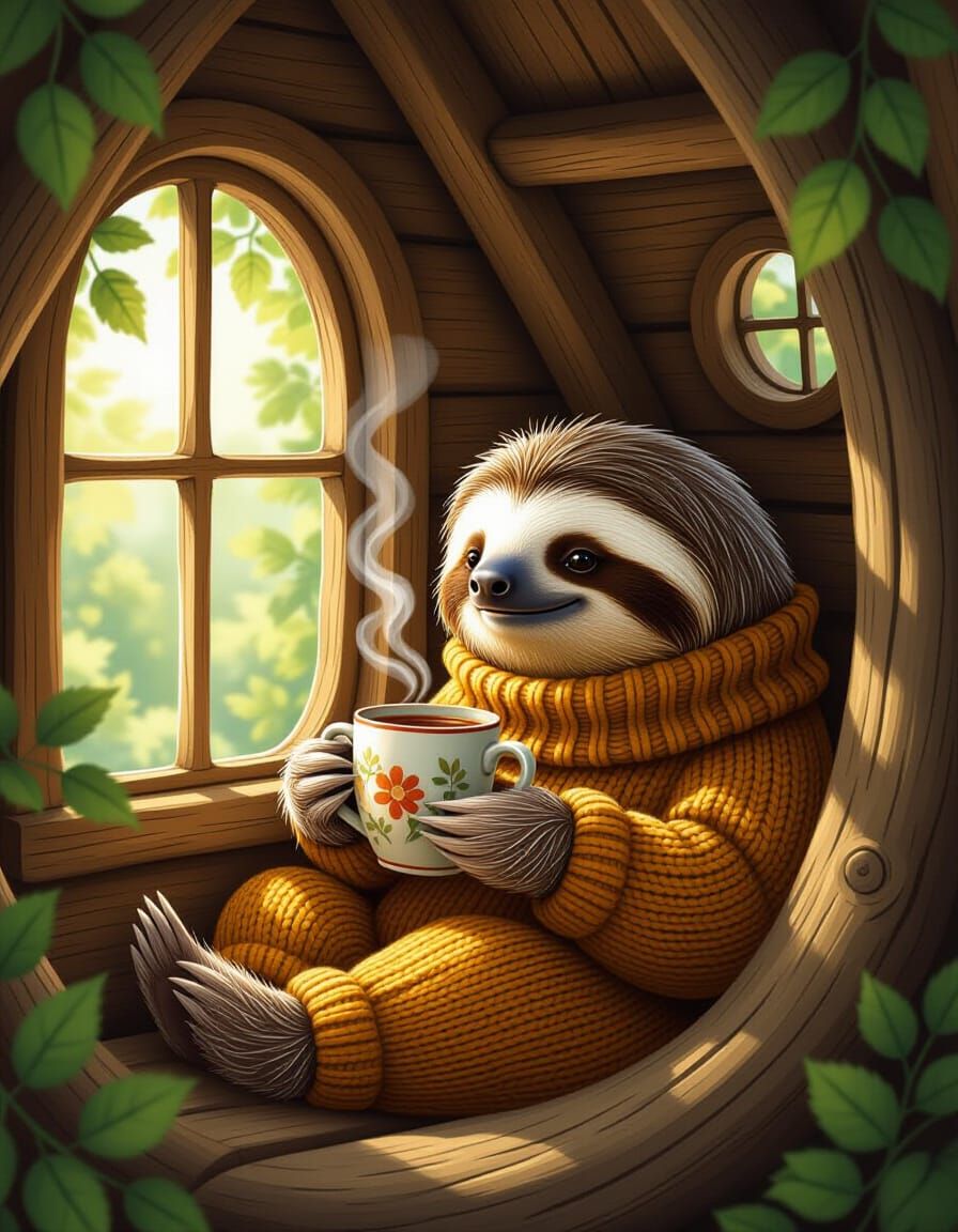 Cozy Sloth Enjoys Tea in Rustic Treehouse