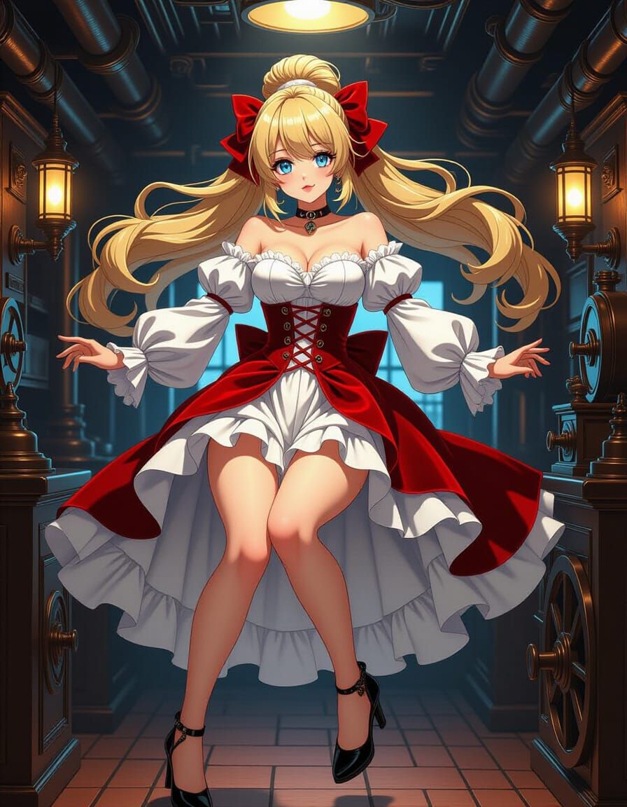 Zero-G Gothic Beauty in Steampunk Engine Room