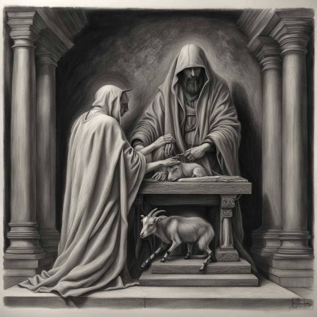 Dramatic Charcoal Drawing of Goat Sacrifice