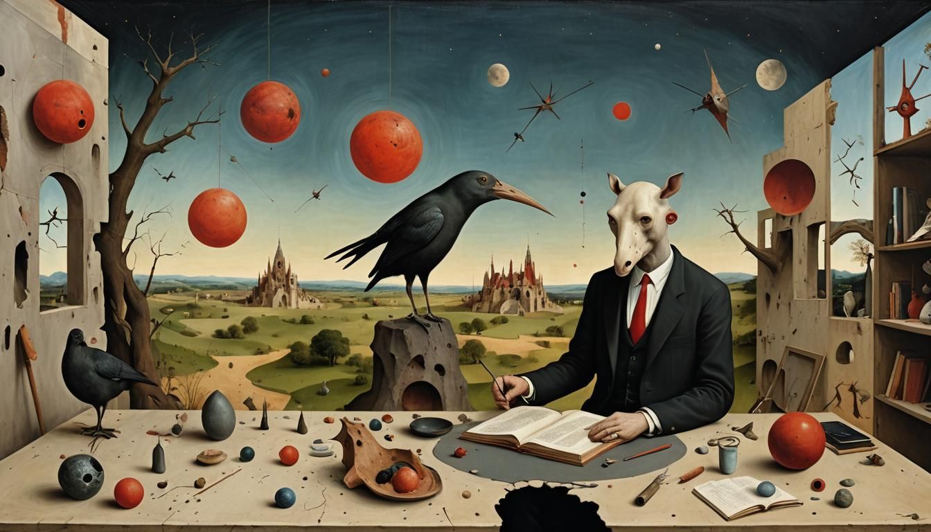 Generate a painting by Hieronymus Bosch, 3D and HD, a table,...