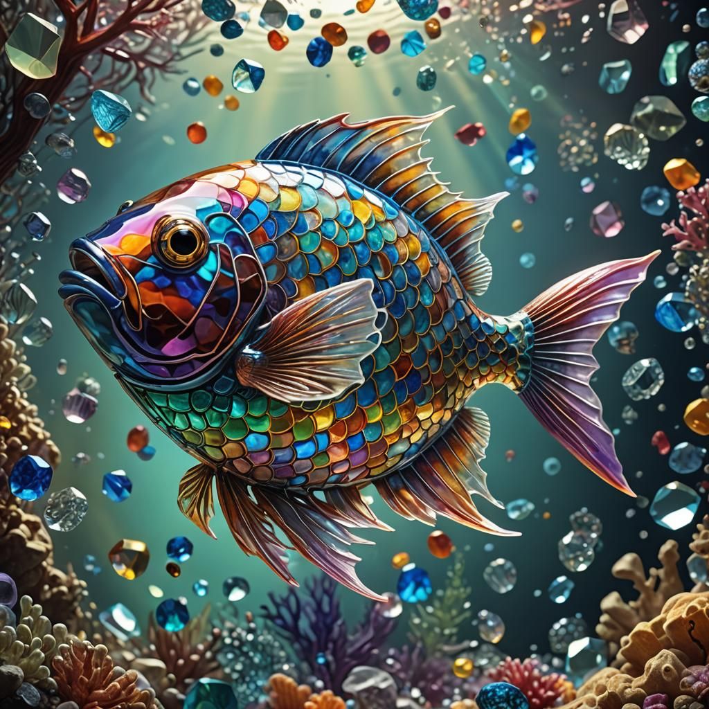 Luminous Crystal Rainbow Fish in CGI Diorama