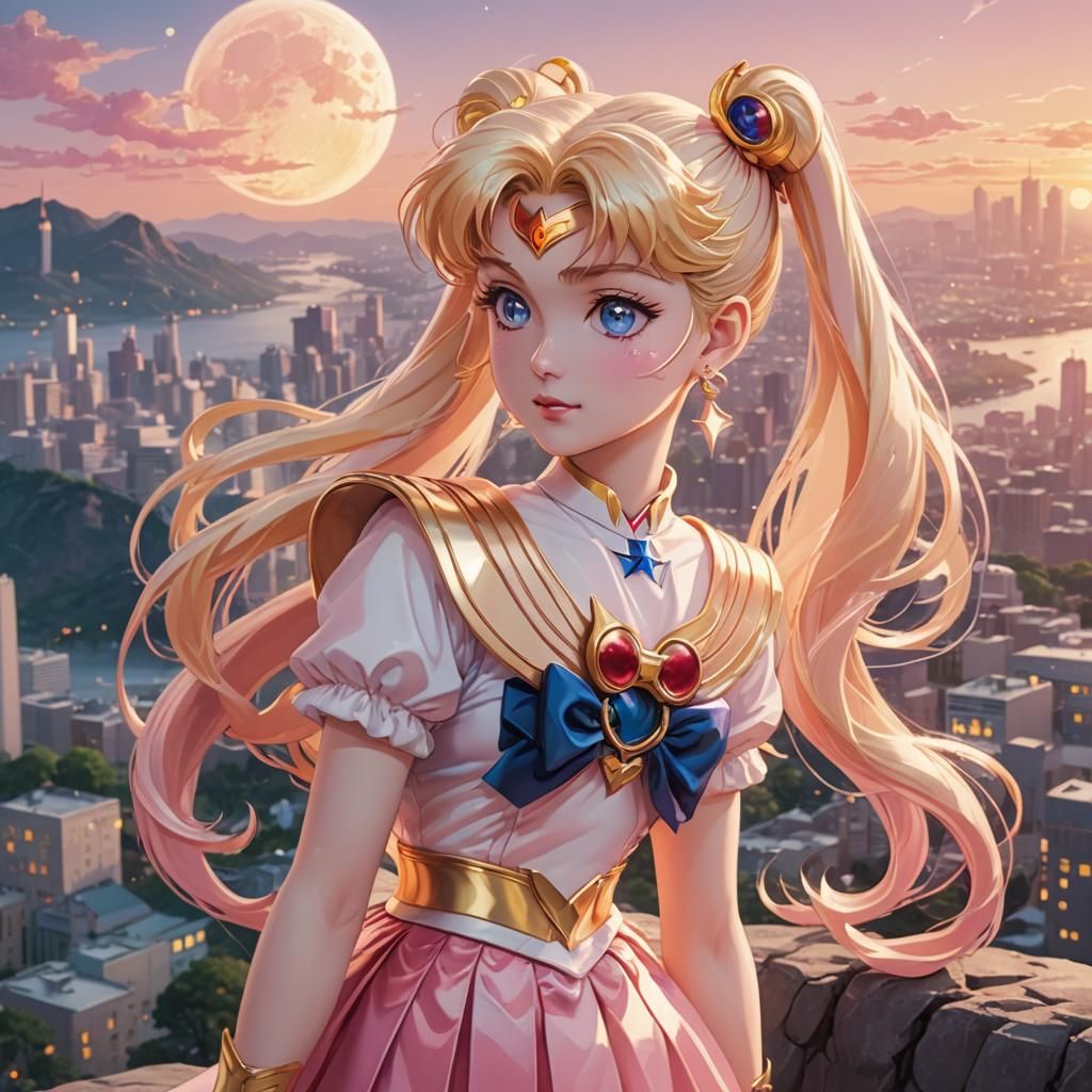 Sailor Moon Over Dreamy Cityscape: Anime Illustration