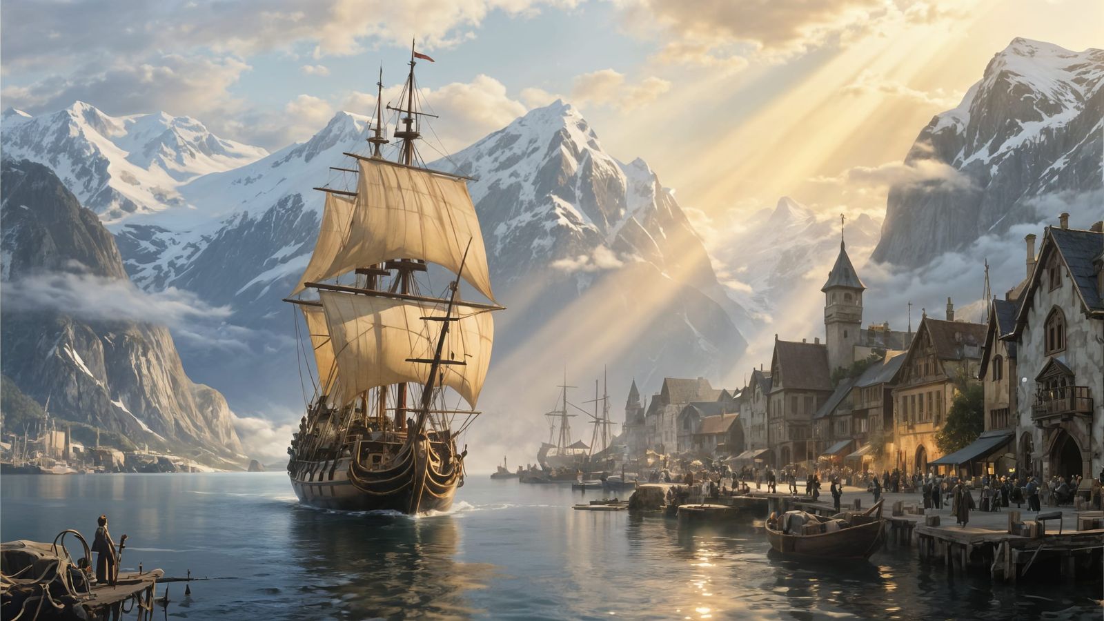 Majestic Galleon in Fjord Harbor Matte Painting
