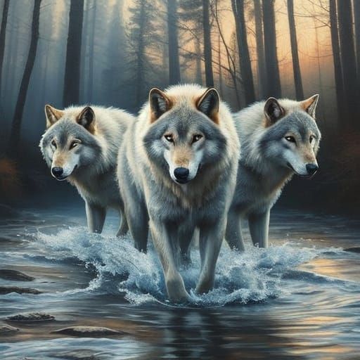 Water Wolves Emerge in Dawn Forest Stream Oil Painting