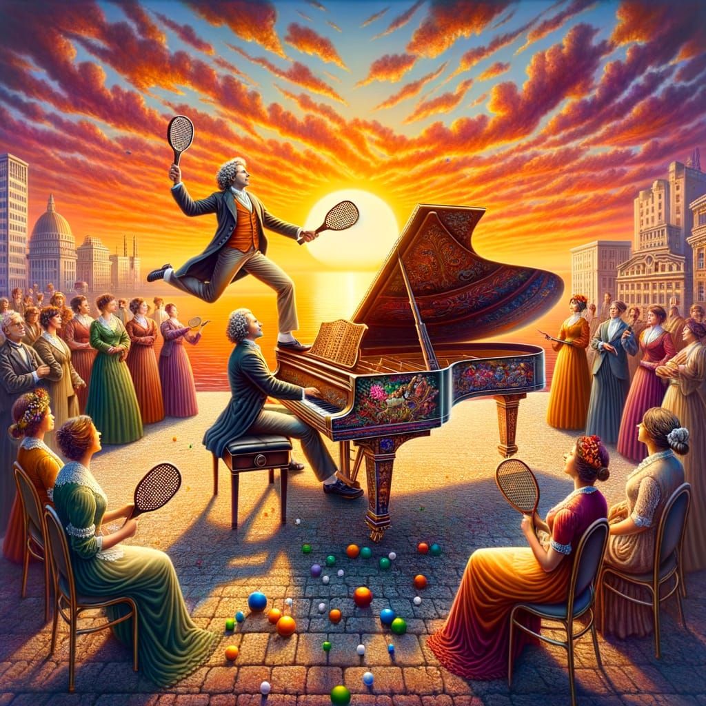 Composers Play Pickleball on Piano at Sunset