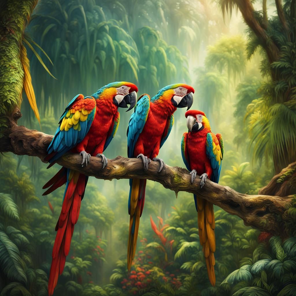 Macaws in Amazon Jungle: Photorealistic Concept Art