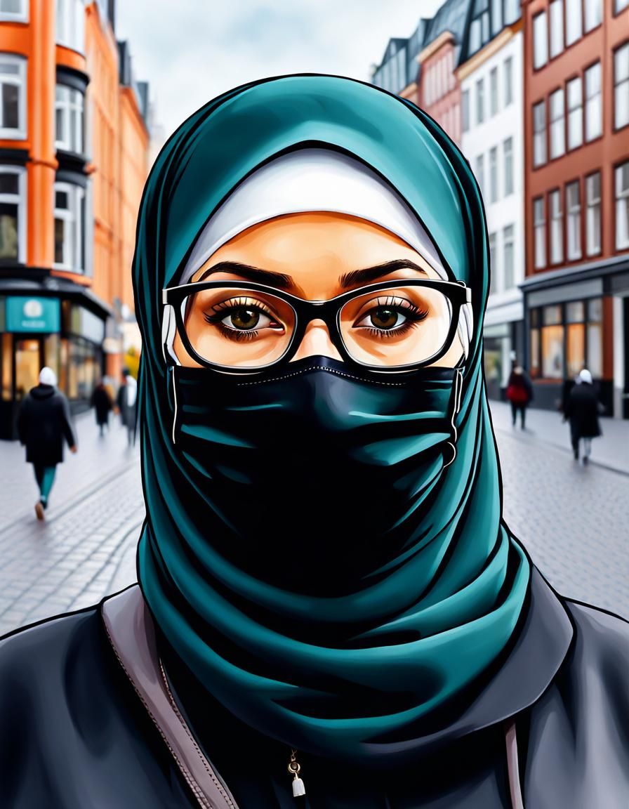 European Woman in Hijab Walking in Hamburg