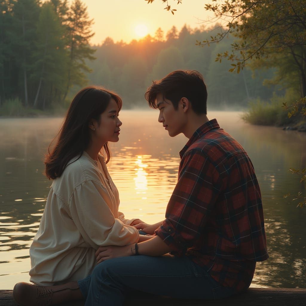 Lakeside Dusk Scene in Whimsical Style