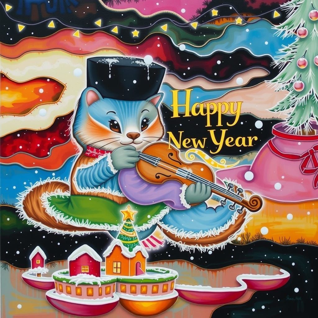 Snowy New Year Celebration with Capybara and Kitten