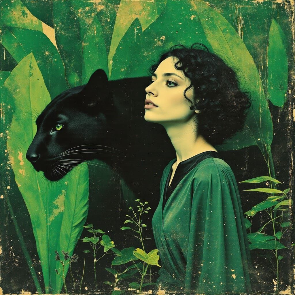Jungle Woman and Panther in Superflat Impasto Style