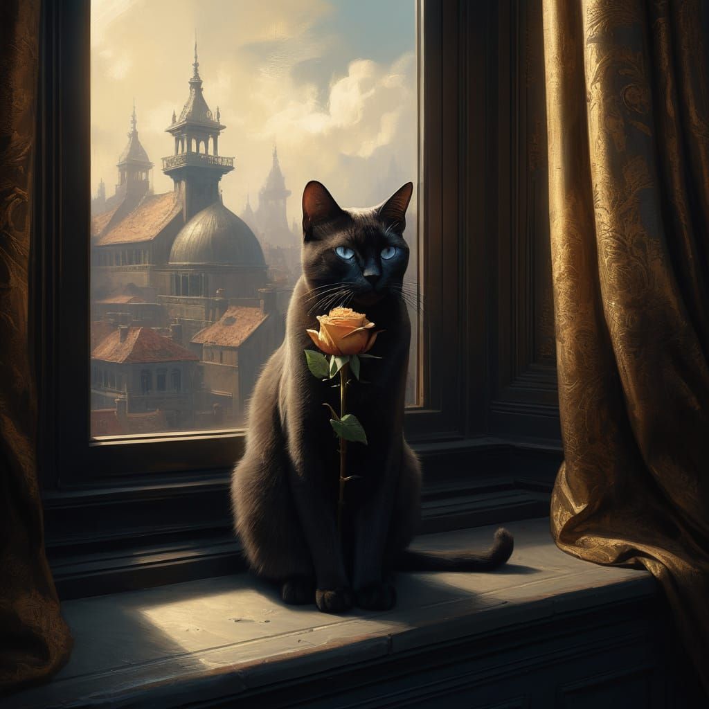 Siamese Cat Admires Rose in Golden Hour