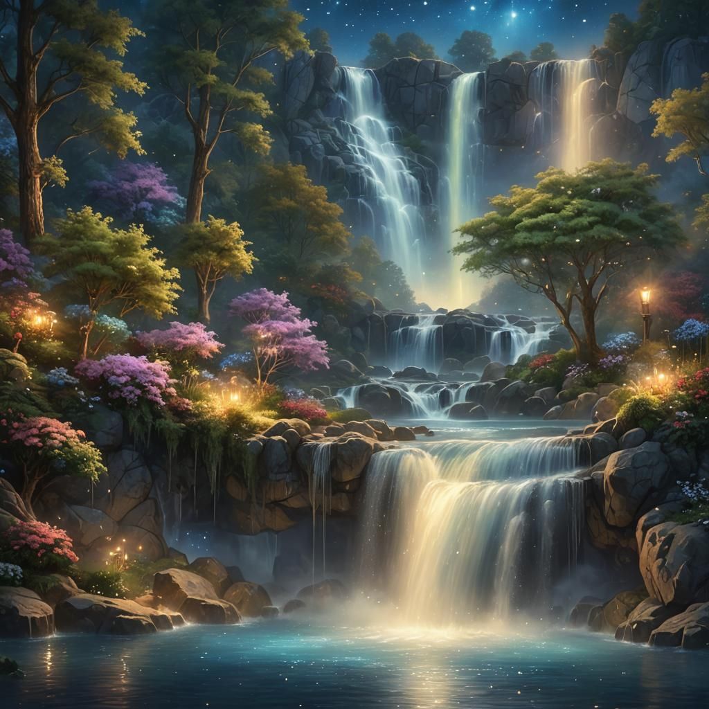 Ethereal Stardust Waterfall in Fantasy Landscape