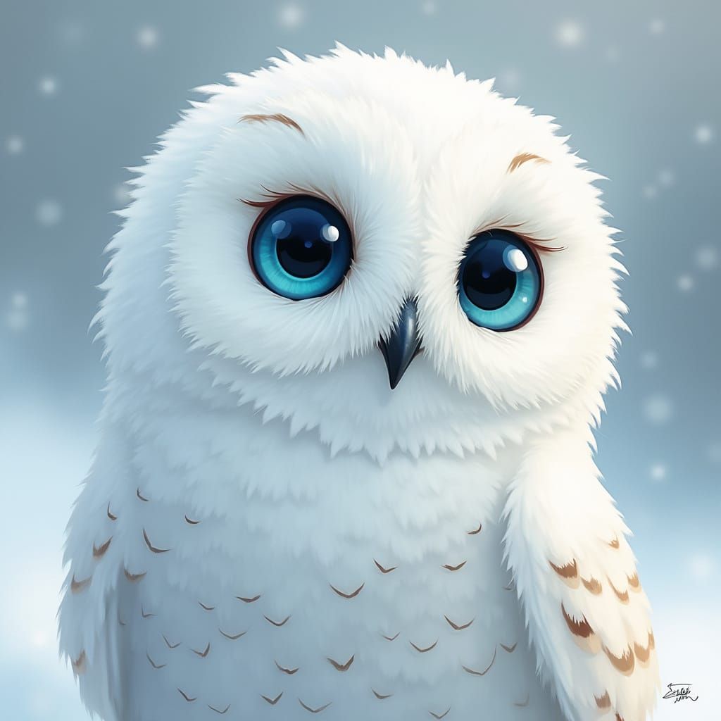 Whimsical Snowy Owl with Piercing Blue Eyes