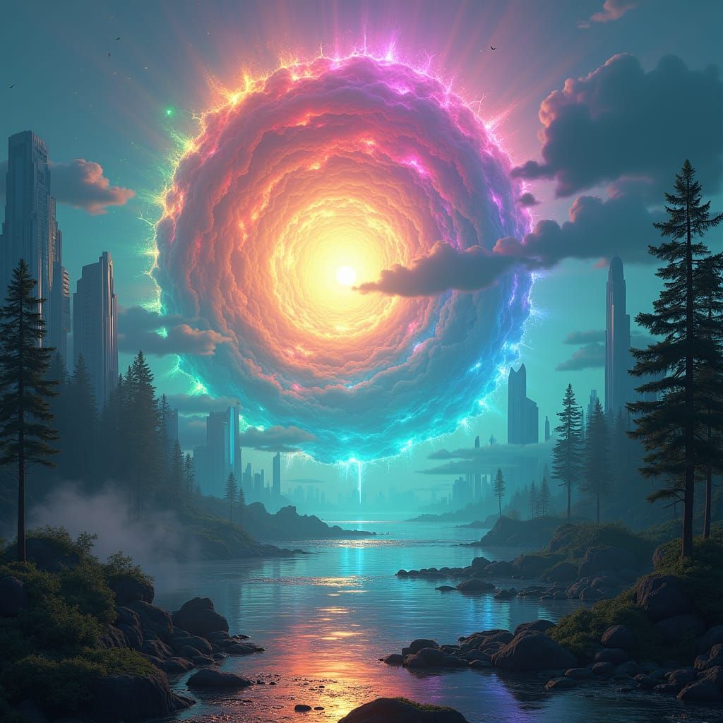 Aurora Borealis Portal in Futuristic Metropolis